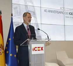 Su Majestad el Rey durante su intervención en el acto conmemorativo del 40º aniversario de ICEX “Pensando el futuro”