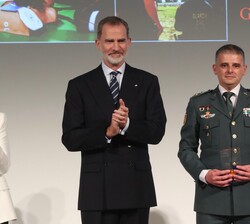 Su Majestad el Rey entrega el premio a Rafael Ferrera, teniente Coronel Jefe de los GAR