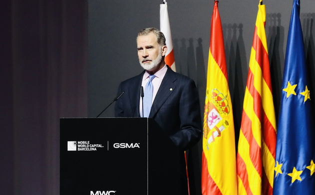 Su Majestad el Rey durante su intervención en el MWC Barcelona 2023