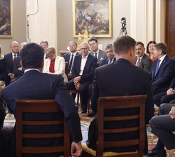 Su Majestad el Rey atiende a la exposición del presidente de BusinessEurope, Fredrick Personn durante la audiencia