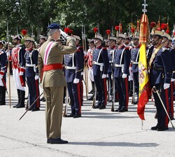 El Rey durante la revista a la fuerza frente a la enseña nacional