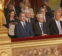 Su Majestad el Rey junto a los presidentes de Italia y Portugal durante la intervención del comisario europeo de Fiscalidad y Unión Aduanera, Auditorí