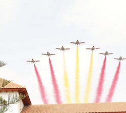 Momento en el que la Patrulla Águila sobrevuela la Academia General del Aire