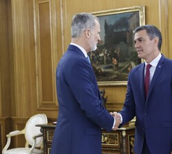Su Majestad el Rey recibe el saludo del representante del Partido Socialista Obrero Español, Don Pedro Sánchez Pérez-Castejón