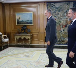Su Majestad el Rey se dirige a su despacho con el representante de VOX, Don Santiago Abascal Conde