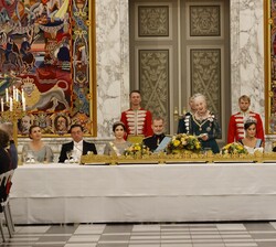 Su Majestad la Reina Margarita de Dinamarca durante su intervención con motivo de la cena de gala ofrecida en honor a Sus Majestades los Reyes