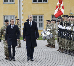 Don Felipe y el Principe Frederik acompañados por el comandante de Copenhague pasa revista a la guardia de honor
