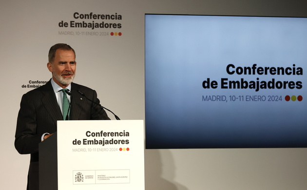 Su Majestad el Rey durante su intervención en la clausura de la Conferencia de Embajadores
