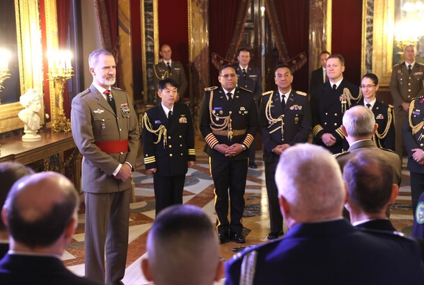 El Rey durante la audiencia a los agregados de Defensa acreditados en España y Comisión de Representantes Españoles