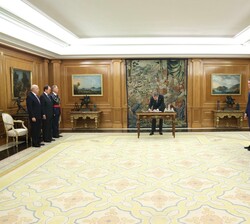 El Rey durante la firma de la sanción de la reforma del artículo 49 de la Constitución Española