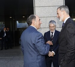 El Rey llegó a la sede de Iberdrola y fue recibido por el ministro del Interior, Fernando Grande-Marlaska, y por el presidente de Iberdrola, Ignacio S
