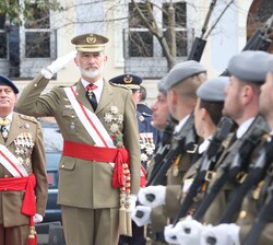 Don Felipe saluda a una unidad a su paso durante el desfile por la Tribuna Real