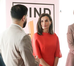 Su Majestad la Reina junto Su Majestad la Reina de Países Bajos atienden a las explicaciones durante su visita