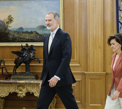 Su Majestad el Rey y la presidenta del Consejo de Estado, Carmen Calvo