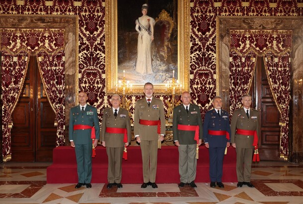 Su Majestad el Rey junto al grupo de Generales de División que asisten a la audiencia