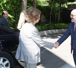 Doña Sofía recibe el saludo del delegado del Gobierno en la Comunidad de Madrid, Francisco Martín, a su llegada a la Fundación Ramón Areces
