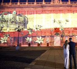 Sus Majestades los Reyes junto a Su Alteza Real la Princesa de Asturias y Su Alteza Real la Infanta Sofía durante la proyección de un videomapping sob