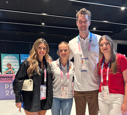 Sus Altezas Reales la Princesa de Asturias y la Infanta Doña Sofía acompañadas por Pau Gasol y su esposa Catherine Mcdonnell tras el partido de Caroli