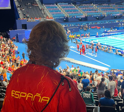 Su Majestad la Reina Doña Sofía en la grada una vez finalizada la final de waterpolo femenino 