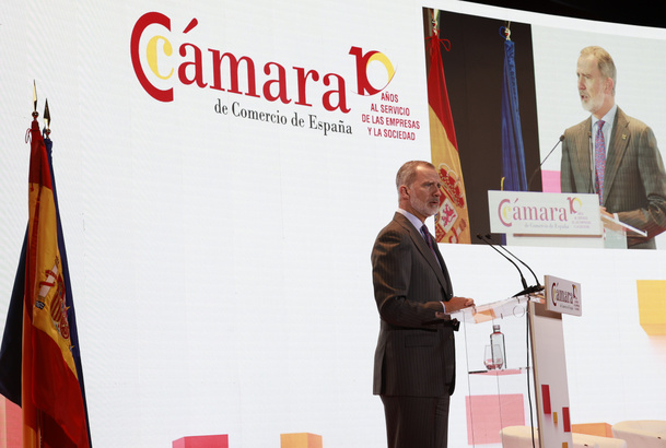 Su Majestad el Rey durante su discurso en el pleno extraordinario de la Cámara de Comercio de España