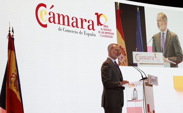 Su Majestad el Rey durante su discurso en el pleno extraordinario de la Cámara de Comercio de España