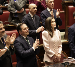 Su Majestad la Reina durante el caluroso aplauso tras la intervención de Don Felipe en la sesión conjunta de la Cámara de Diputados y del Senado de la
