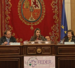 La Princesa de Asturias, durante su intervención, junto al presidente del Senado, Pío García-Escudero, y la secretaria general de Sanidad, Pilar Farja