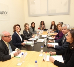 Doña Letizia acompañada por los miembros de la comisión permanente de la AECC y de su Fundación Científica, durante la reunión