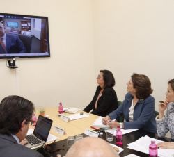 Su Majestad la Reina escucha la intervención del doctor en Medicina y Cirugía, Josep Baselga, conectado a través de videoconferencia desde Estados Uni