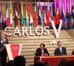 Intervención del galardonado con el "Premio Europeo Carlos V", presidente del Parlamento Europeo, Antonio Tajani