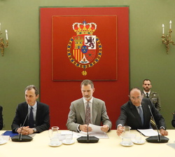 Su Majestad el Rey durante la reunión del Consejo Científico del Real Instituto Elcano