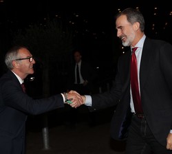 Don Felipe recibe el saludo del ministro de Cultura y Deporte en funciones, José Guirao, a su llegada a la Caja Mágica