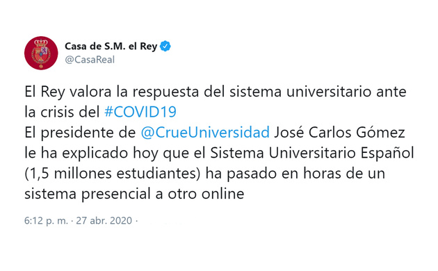 Su Majestad el Rey valora la respuesta del sisteam universitario español en el escenario generado por la crisis del COVID19