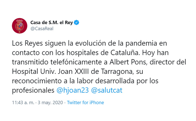 Sus Majestades los Reyes, en conversación telefónica con el Hospital Universitario “Joan XXIII” de Tarragona