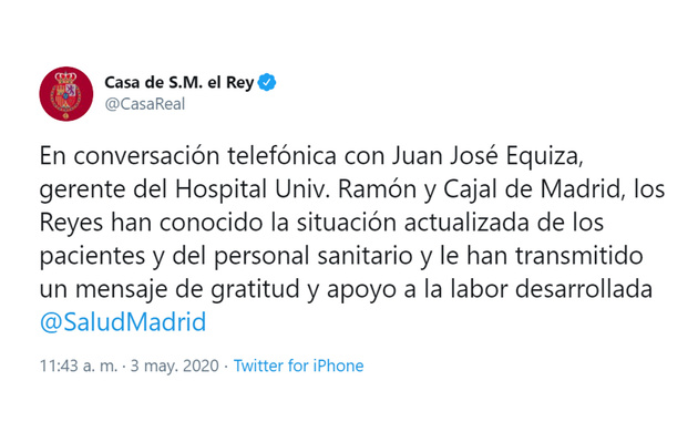 Sus Majestades los Reyes, en conversación telefónica, con el Hospital Universitario Ramón y Cajal de Madrid