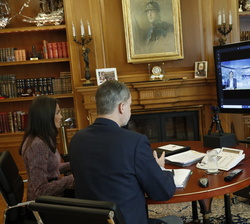 Los Reyes durante el desarrollo de la videoconferencia con los responsables de METRO de Madrid