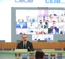 Su Majestad el Rey durante su intervención en el diálogo con 23 presidentes de organizaciones empresariales de CEIB-OIE y la SEGIB 
