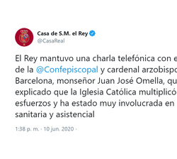 Su Majestad el Rey en conversación telefónica con el presidente de la Conferencia Episcopal Española, cardenal Juan José Omella, se ha interesado por 