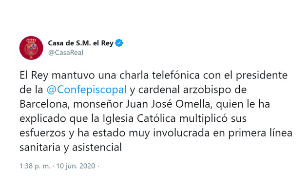 Su Majestad el Rey en conversación telefónica con el presidente de la Conferencia Episcopal Española, cardenal Juan José Omella, se ha interesado por 