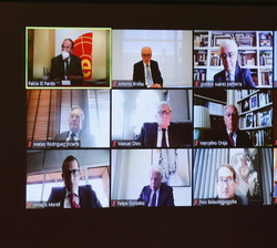 Participantes a la reunión anual del Patronato del Real Instituto Elcano de Estudios Internacionales y Estratégicos, vía telemática