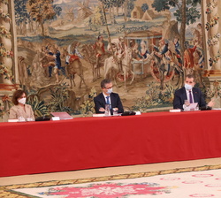 Su Majestad el Rey durante su intervención en la reunión del Patronato de la Fundación Pro Real Academia Española