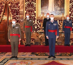 Su Majestad el Rey junto a los generales de División y vicealmirante asistentes a la audiencia celebrada en el Palacio Real de Madrid
