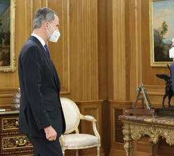 Su Majestad el Rey recibe el saludo del presidente del Real Instituto Elcano de Estudios Internacionales y Estratégicos, José Juan Ruiz