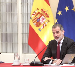 Su Majestad el Rey durante su intervención en la reunión anual del Patronato del Real Instituto Elcano de Estudios Internacionales y Estratégicos