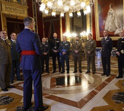 El Rey conversa con los coroneles y capitanes de navío, durante la audiencia mantenida en el Palacio Real de Madrid