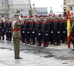 Su Majestad el Rey saluda a la Bandera al pasar revista a la fuerza que le rendía honores