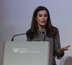 Su Majestad la Reina durante su intervención en el acto organizado por la “Fundación Microfinanzas BBVA” sobre “Semillas para un fut