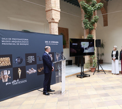 Su Majestad el Rey durante la presentación de un vídeo sobre la “Sala de Protohistoria” a cargo del director del Museo Arqueológico Provin