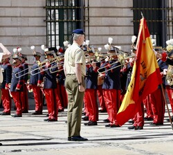 El Rey frente a la enseña nacional durante la revista a la Fuerza