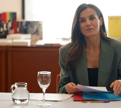 Doña Letizia ocupa su lugar en la mesa antes del comienzo de la reunión